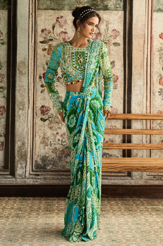 AQUA PRINT AND HIGHLIGHTED DHOTI SAREE SET