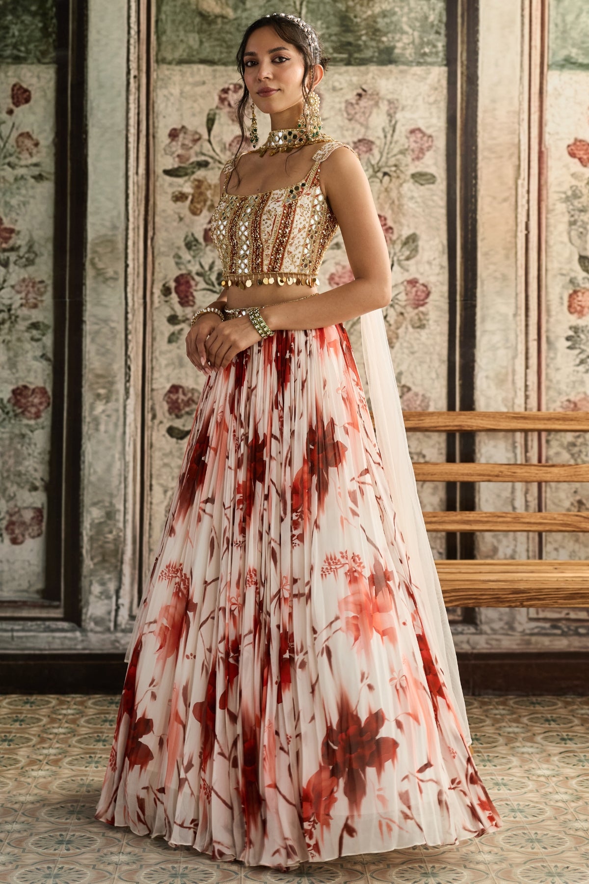 IVORY & RUST FLORAL PRINTED LEHENGA SET