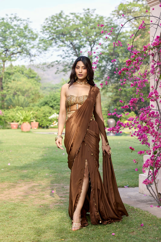 MOCHA BROWN TASSELED SLIT SAREE SET