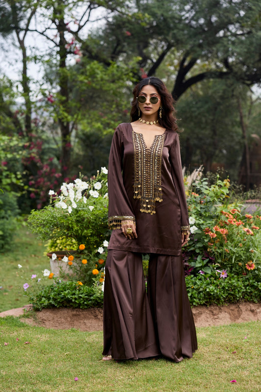 MOCHA BROWN EMBROIDERED SATIN KURTI SET