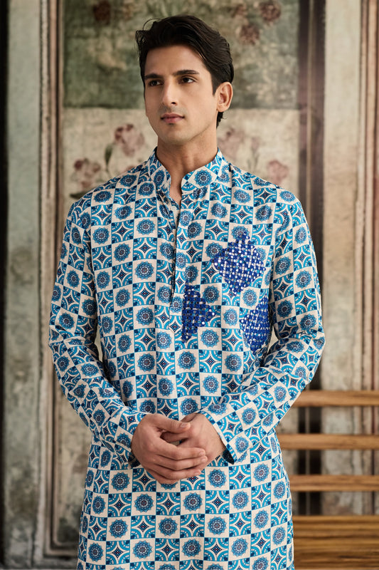 BLUE PRINT & HIGHLIGHTED KURTA &  PANTS