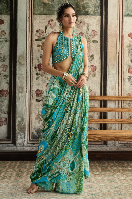 AQUA EMBROIDERED BLOUSE AND AQUA PRINT AND  HIGHLIGHTED DRAPE BOX PLEAT PANT SAREE