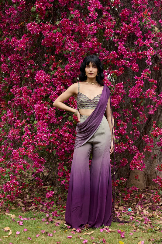 PURPLE-GREY OMBRE TASSELED DRAPE SAREE SET