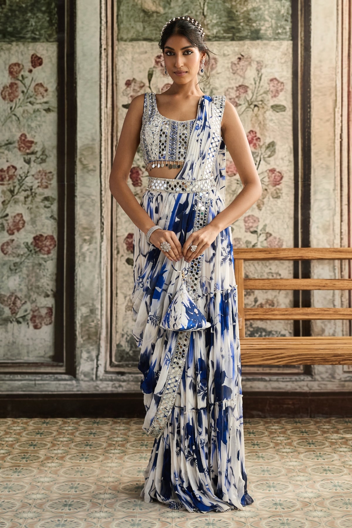 IVORY & BLUE FLORAL PRINT AND HIGHLIGHTED BORDER SKIRT SAREE SET