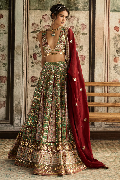 SAGE-MAROON PRINT AND HIGHLIGHTED  LEHENGA SET