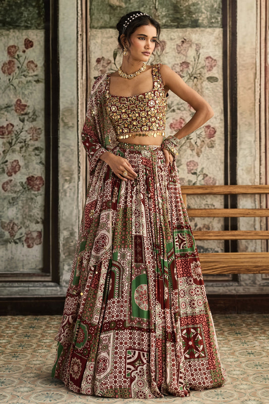 SAGE-MAROON PRINT AND HIGHLIGHTED SQUARE NECK BLOUSE WITH LEHENGA SET