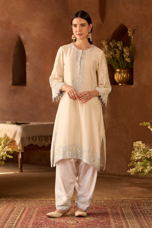 Anam - Daisy Ivory With Blue A-line Kurta With Salwar And Dupatta