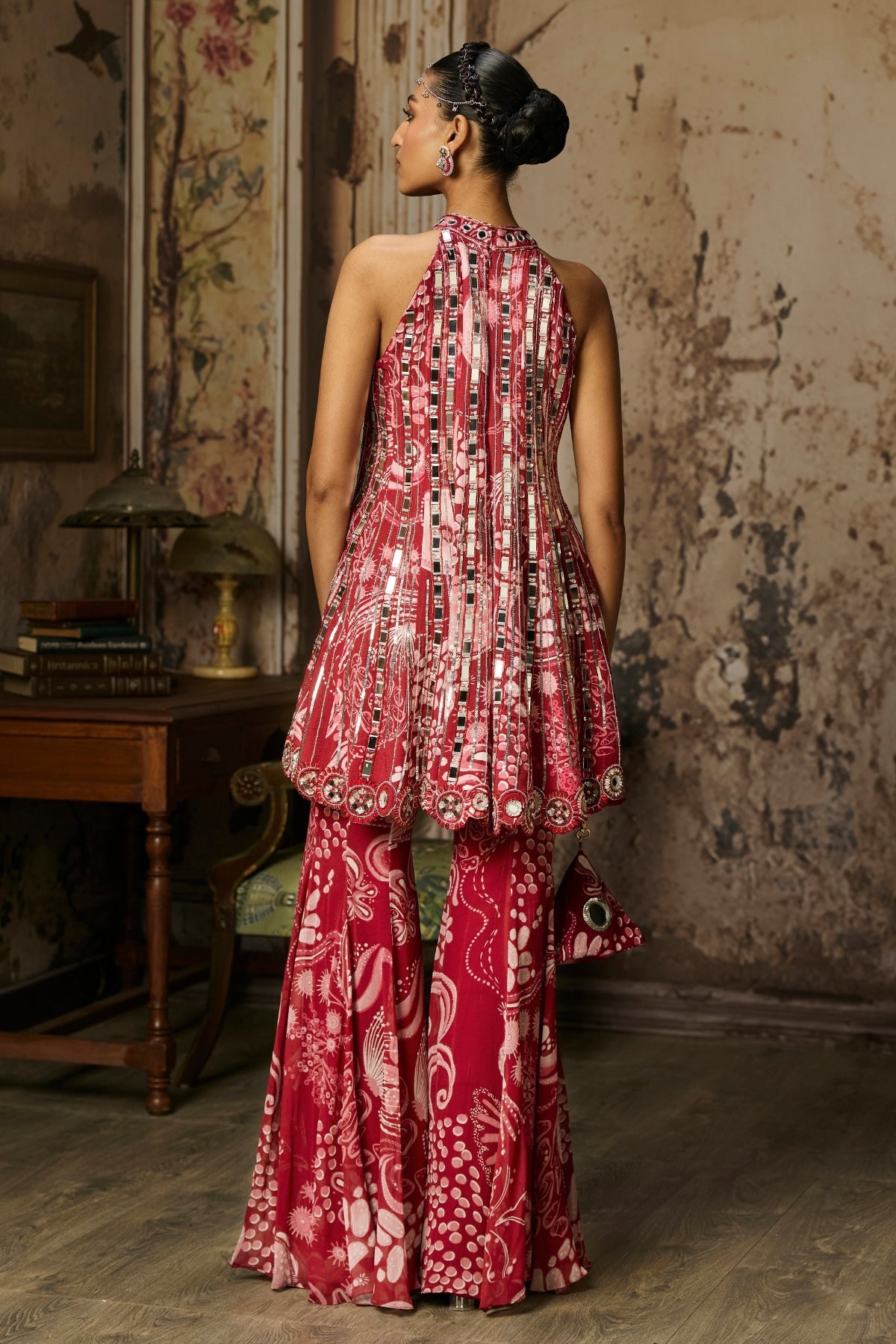 SCARLET RED PRINTED AND HIGHLIGHTED PEPLUM SET