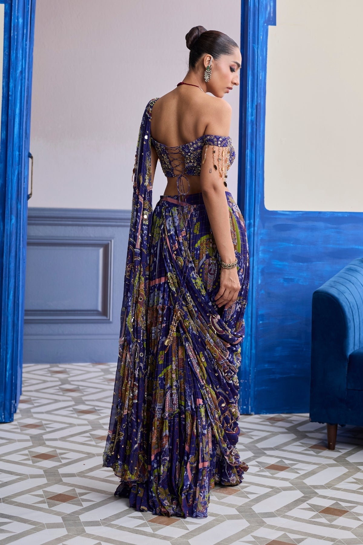 VIOLET MOSAIC OFF-SHOULDER BLOUSE WITH DRAPE TIERED SKIRT SAREE SET