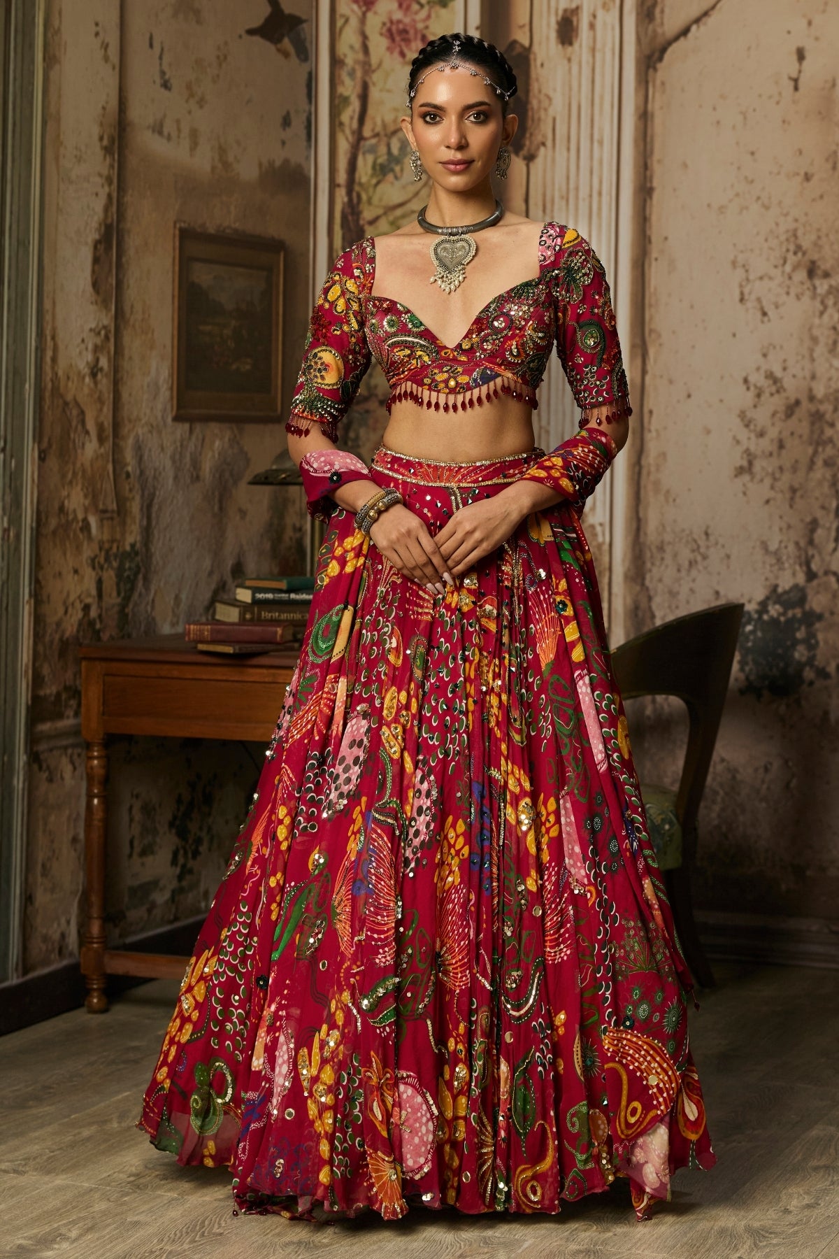 DEEP RED PRINTED AND HIGHLIGHTED LEHENGA SET