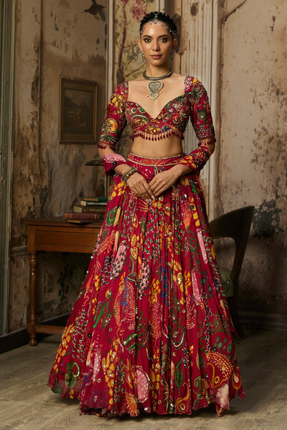 DEEP RED PRINTED AND HIGHLIGHTED LEHENGA SET