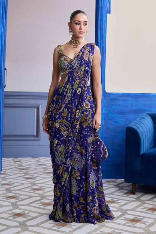 VIOLET MOSAIC BLOUSE WITH DRAPE SHARARA SAREE SET