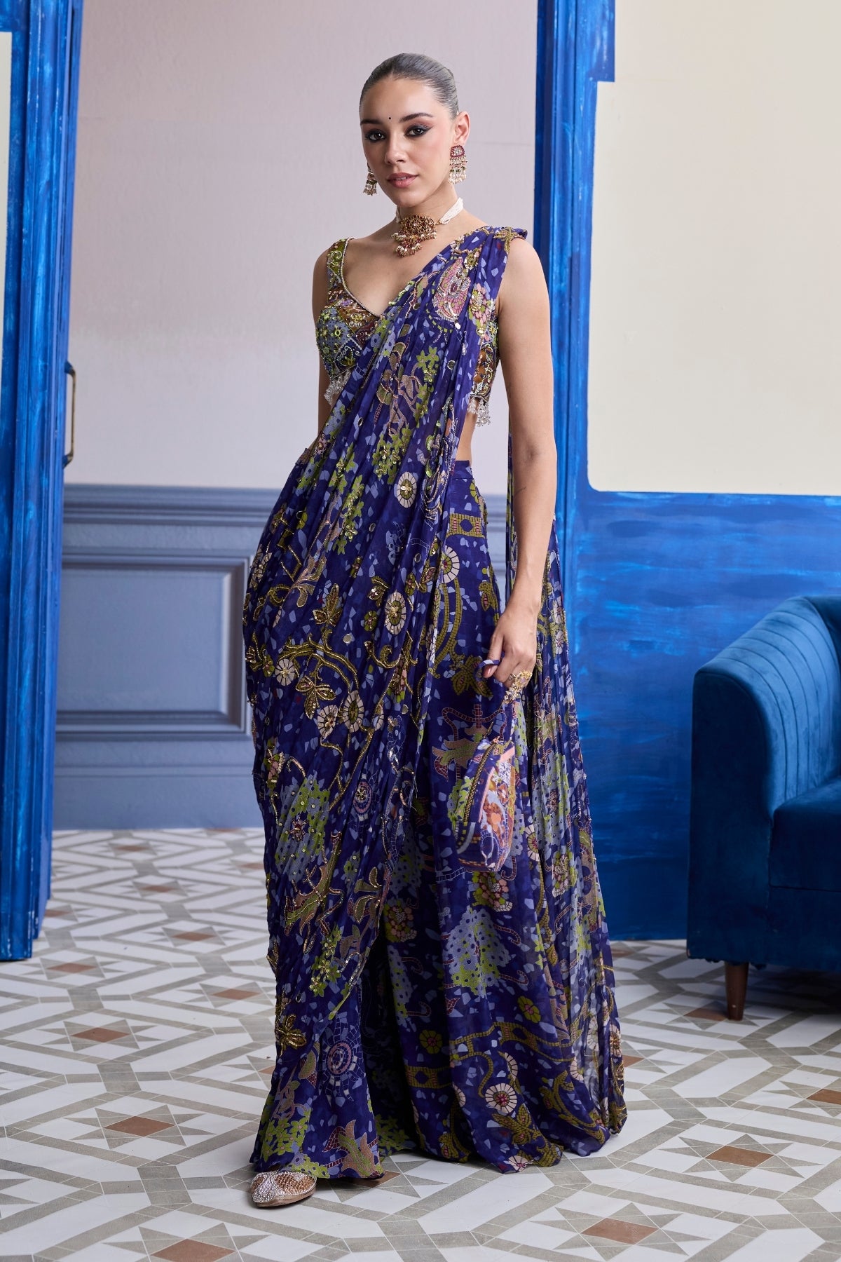 VIOLET MOSAIC BLOUSE WITH DRAPE SHARARA SAREE SET