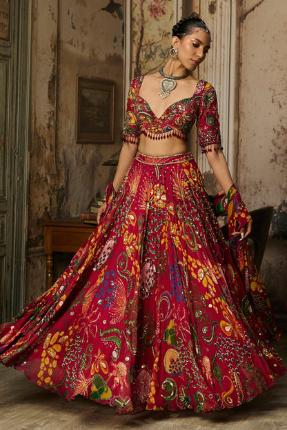 DEEP RED PRINTED AND HIGHLIGHTED LEHENGA SET