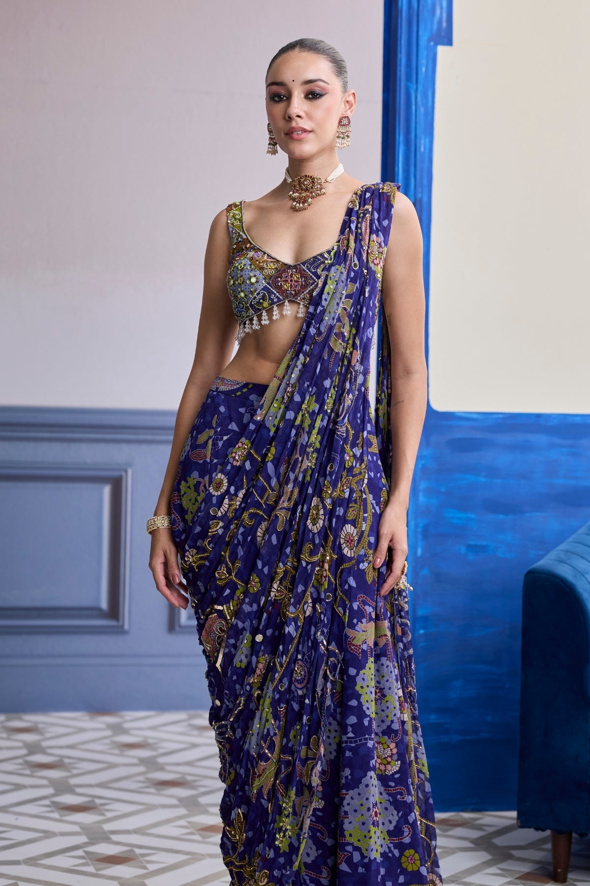 VIOLET MOSAIC BLOUSE WITH DRAPE SHARARA SAREE SET