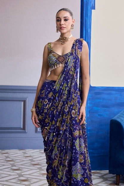 VIOLET MOSAIC BLOUSE WITH DRAPE SHARARA SAREE SET