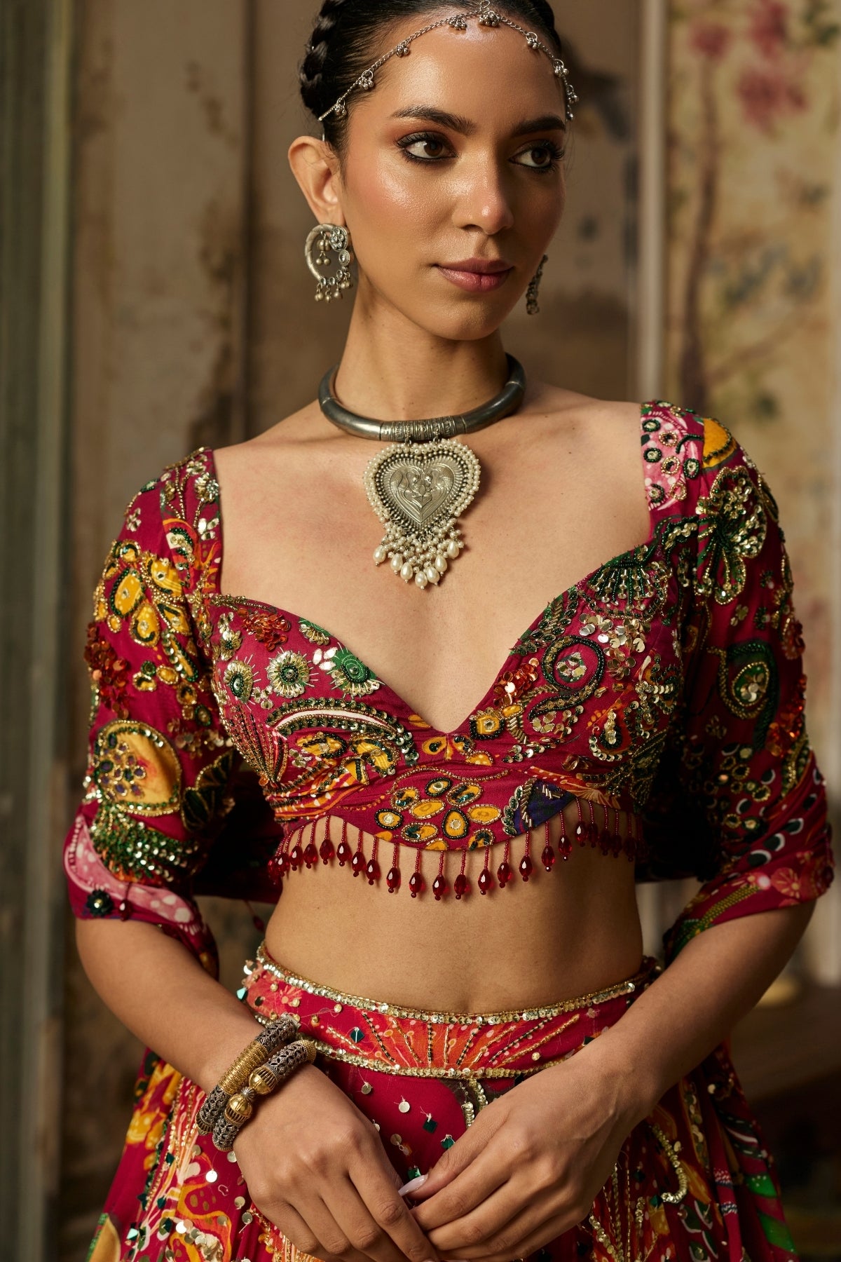 DEEP RED PRINTED AND HIGHLIGHTED LEHENGA SET