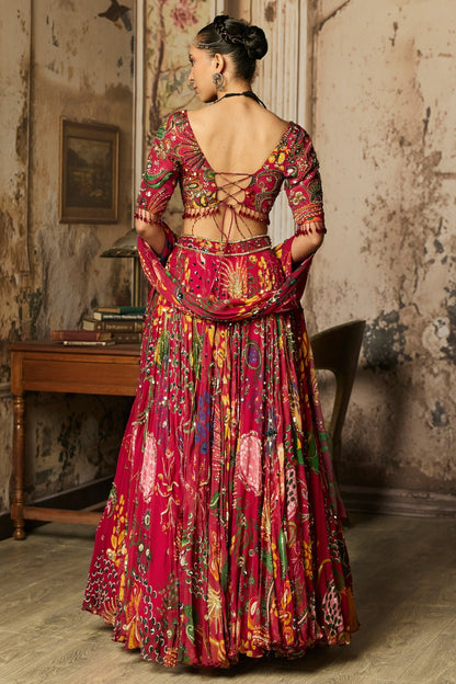 DEEP RED PRINTED AND HIGHLIGHTED LEHENGA SET