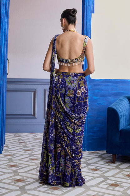 VIOLET MOSAIC BLOUSE WITH DRAPE SHARARA SAREE SET