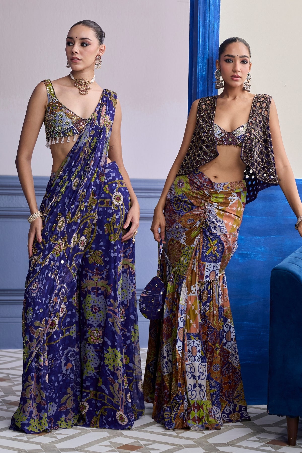 VIOLET MOSAIC BLOUSE WITH DRAPE SHARARA SAREE SET