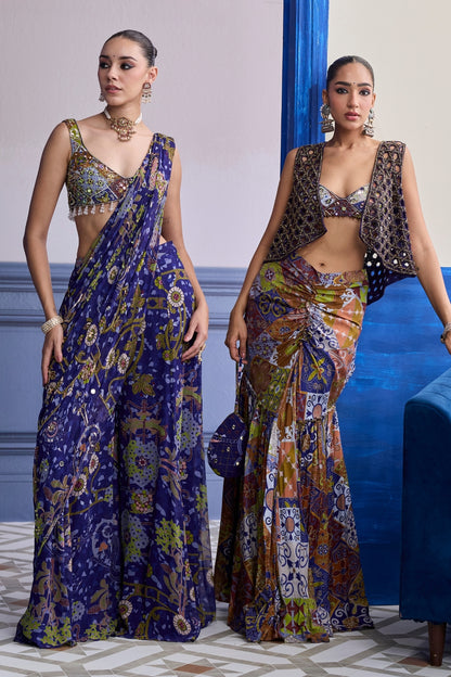 VIOLET MOSAIC BLOUSE WITH DRAPE SHARARA SAREE SET