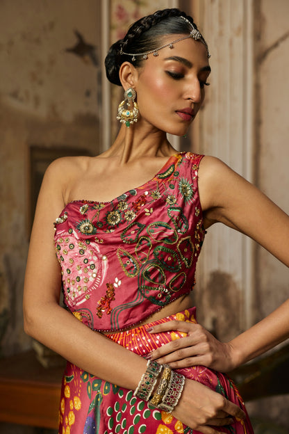 DEEP RED PRINTED AND HIGHLIGHTED SLIT SKIRT SET