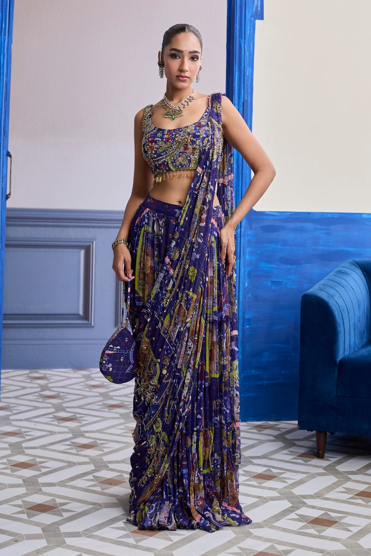 VIOLET MOSAIC BLOUSE WITH DRAPE TIERED SKIRT SAREE SET