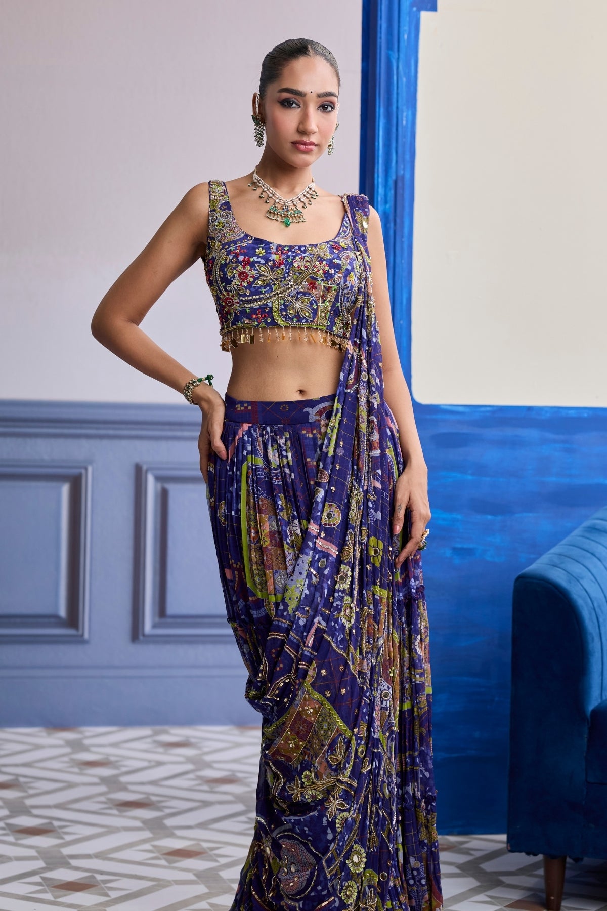 VIOLET MOSAIC BLOUSE WITH DRAPE TIERED SKIRT SAREE SET