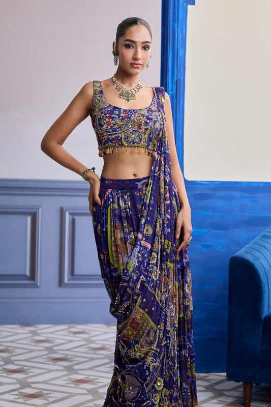 VIOLET MOSAIC BLOUSE WITH DRAPE TIERED SKIRT SAREE SET