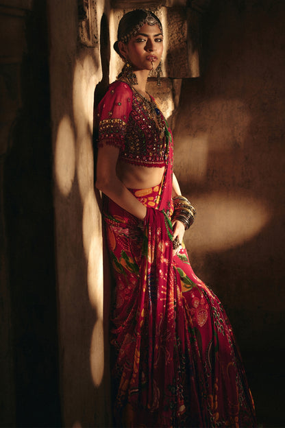 DEEP RED EMBROIDERED BLOUSE WITH MERMAID SKIRT SAREE SET