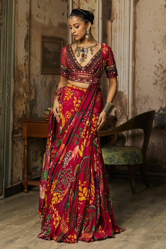 DEEP RED EMBROIDERED BLOUSE WITH MERMAID SKIRT SAREE SET