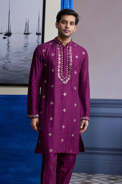 PLUM EMBROIDERED KURTA WITH SOLID PANTS