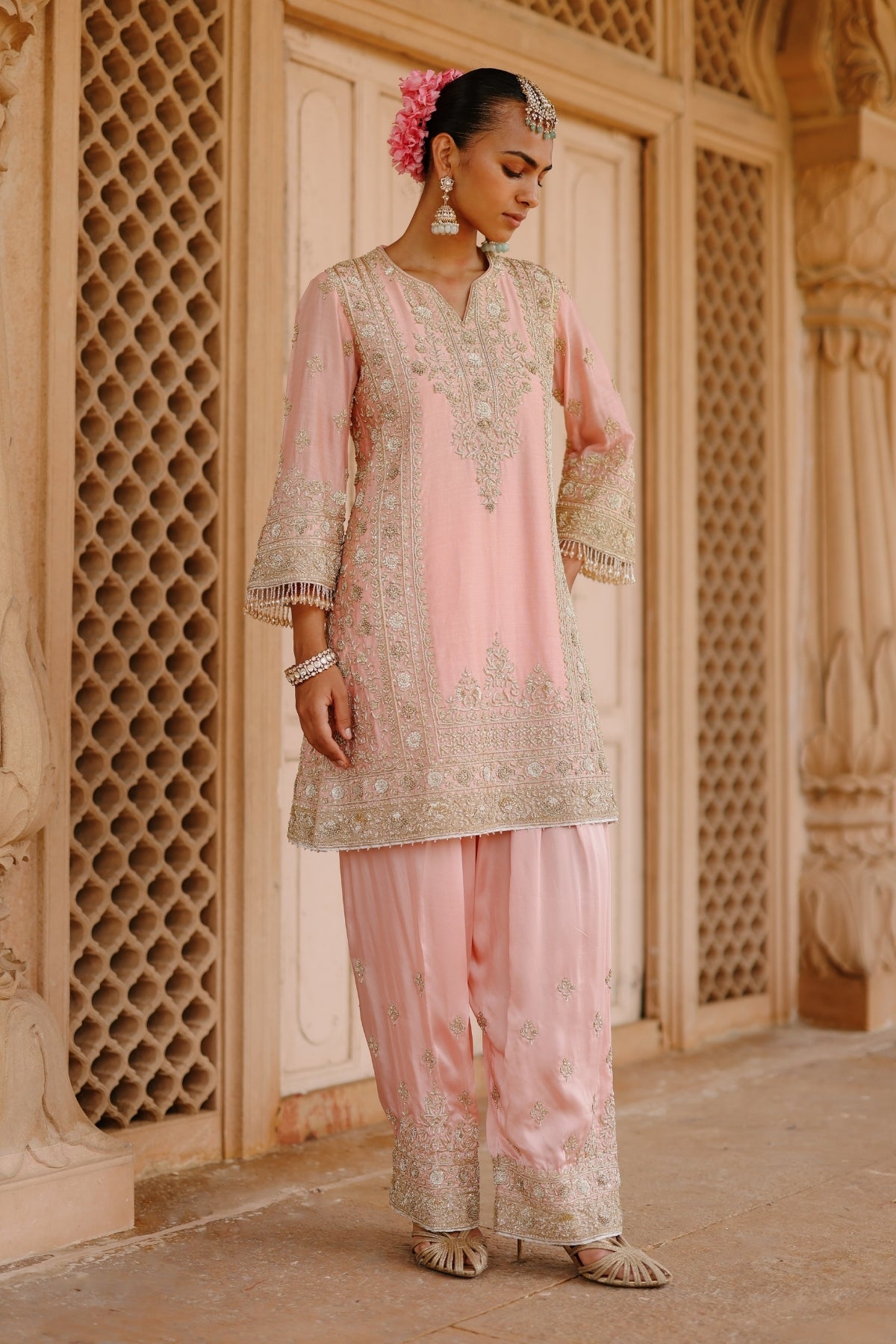 Elaya - Pink Short Kurta Set with Matching Salwar & Dupatta