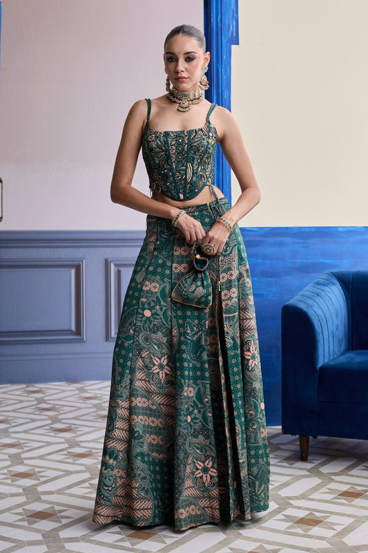 TEAL FLORAL CORSET WITH TIE-UP DETAIL & PANELLED SLIT SKIRT SET