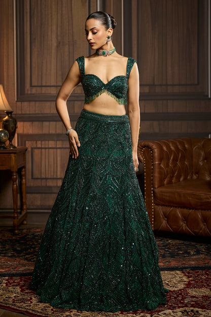 EMERALD GREEN EMBELLISHED  MERMAID SKIRT SET