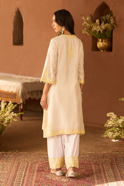 Anam - Daisy Ivory With Lemon Yellow A-line Kurta With Salwar And Dupatta