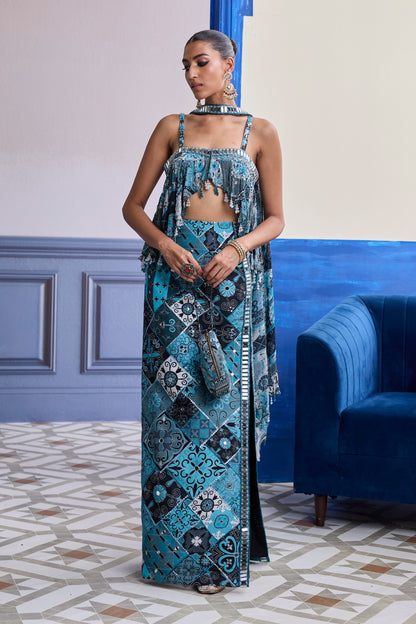 TEAL & BLACK MOSAIC PEPLUM WITH SLIT SKIRT & CHOKER DUPATTA SET