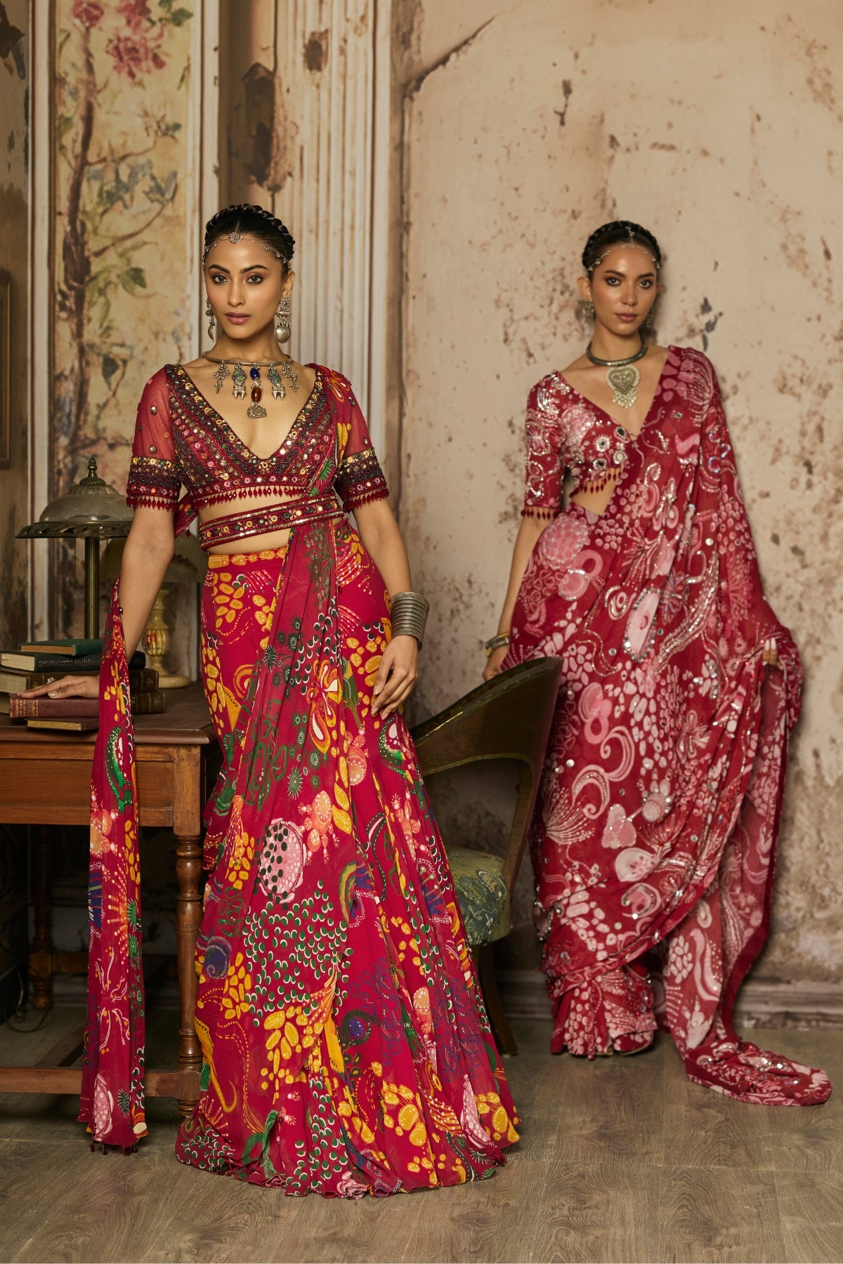 DEEP RED EMBROIDERED BLOUSE WITH MERMAID SKIRT SAREE SET