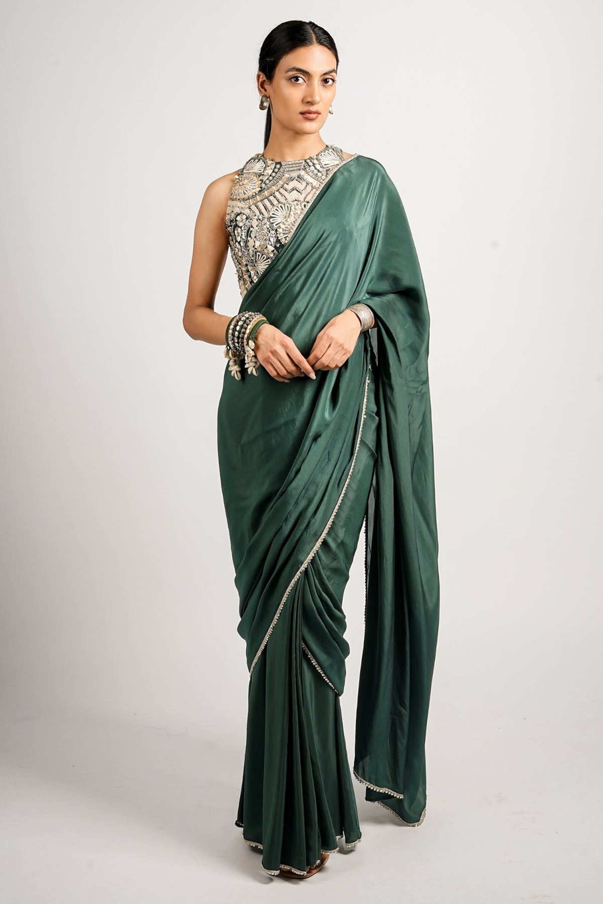 Emerald Regal Saree With Embellished Blouse Set