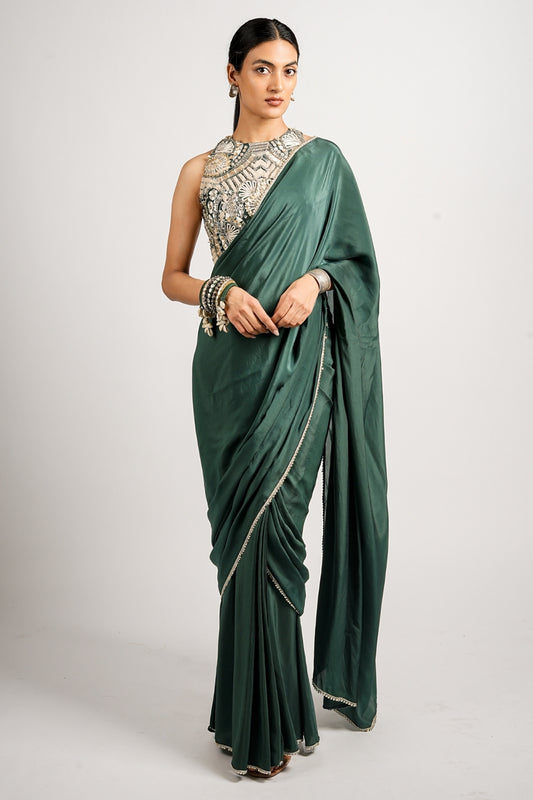 Emerald Regal Saree With Embellished Blouse Set