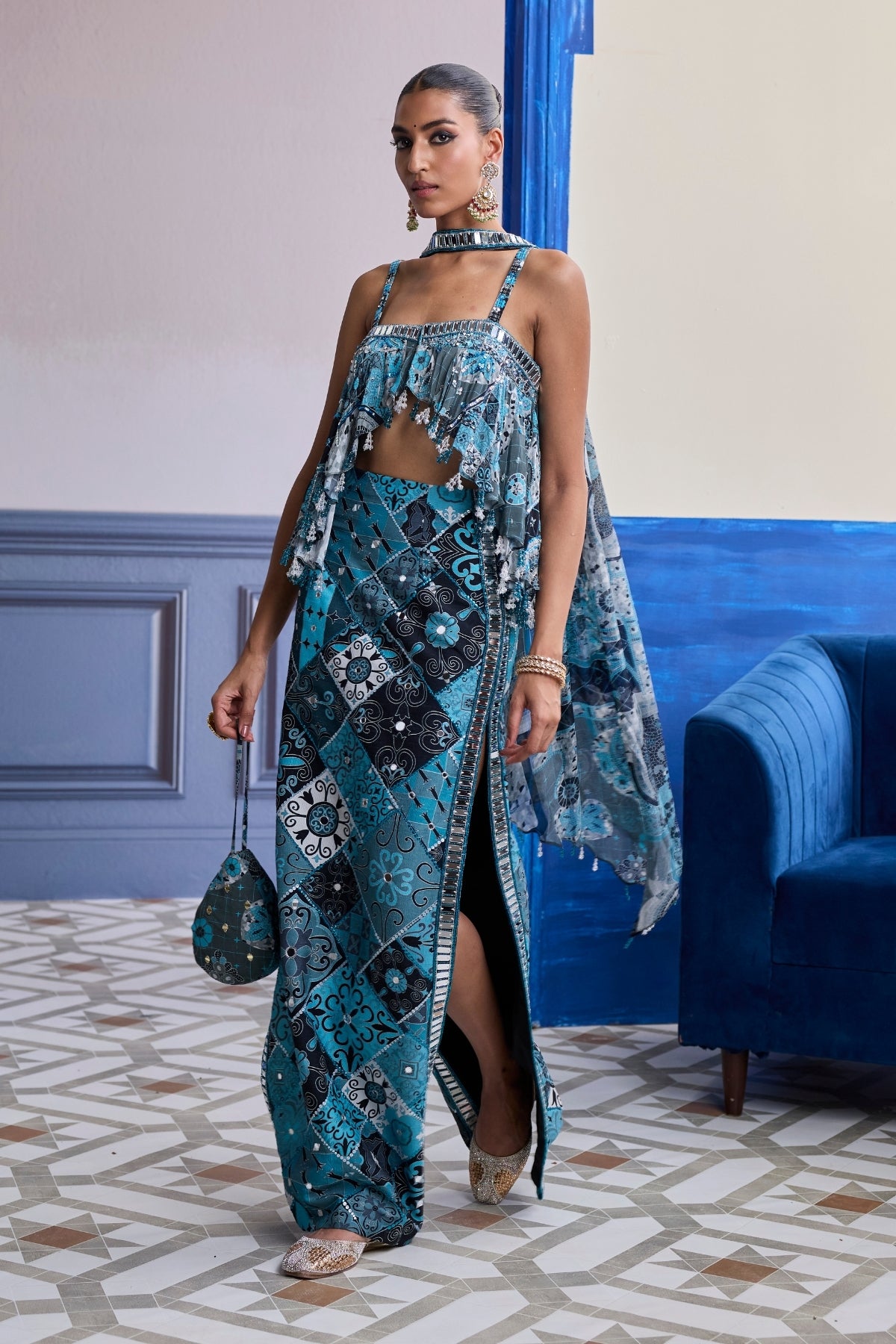 TEAL & BLACK MOSAIC PEPLUM WITH SLIT SKIRT & CHOKER DUPATTA SET