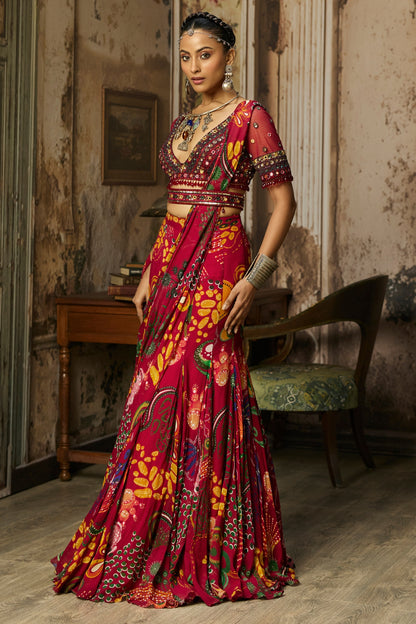 DEEP RED EMBROIDERED BLOUSE WITH MERMAID SKIRT SAREE SET