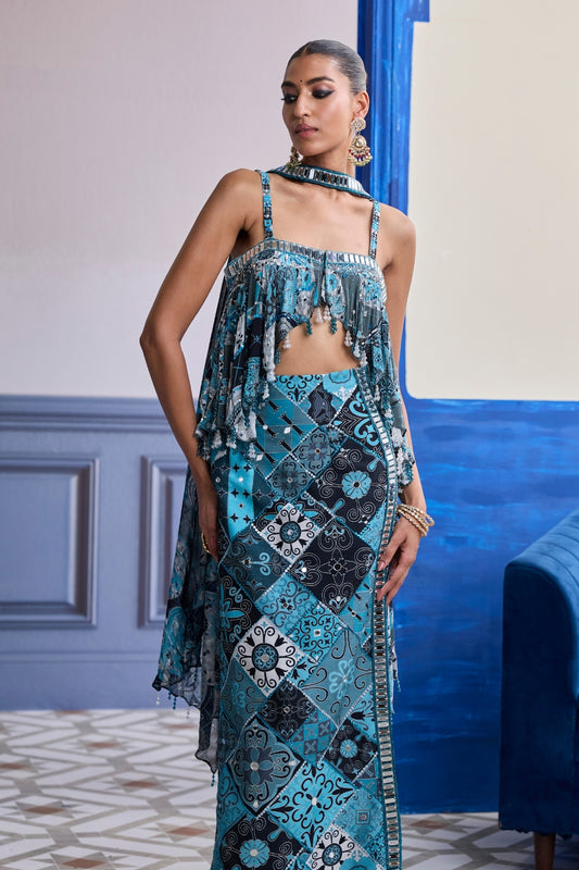 TEAL & BLACK MOSAIC PEPLUM WITH SLIT SKIRT & CHOKER DUPATTA SET