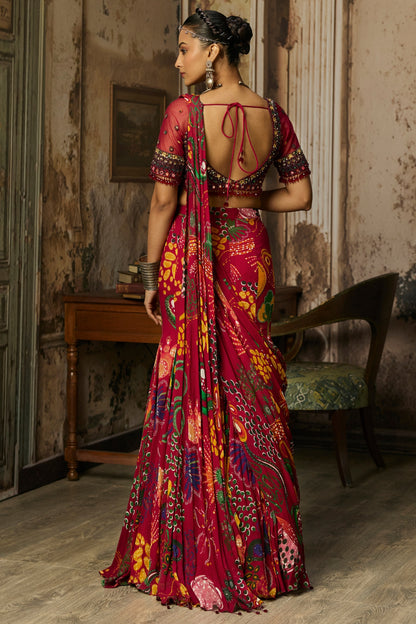 DEEP RED EMBROIDERED BLOUSE WITH MERMAID SKIRT SAREE SET