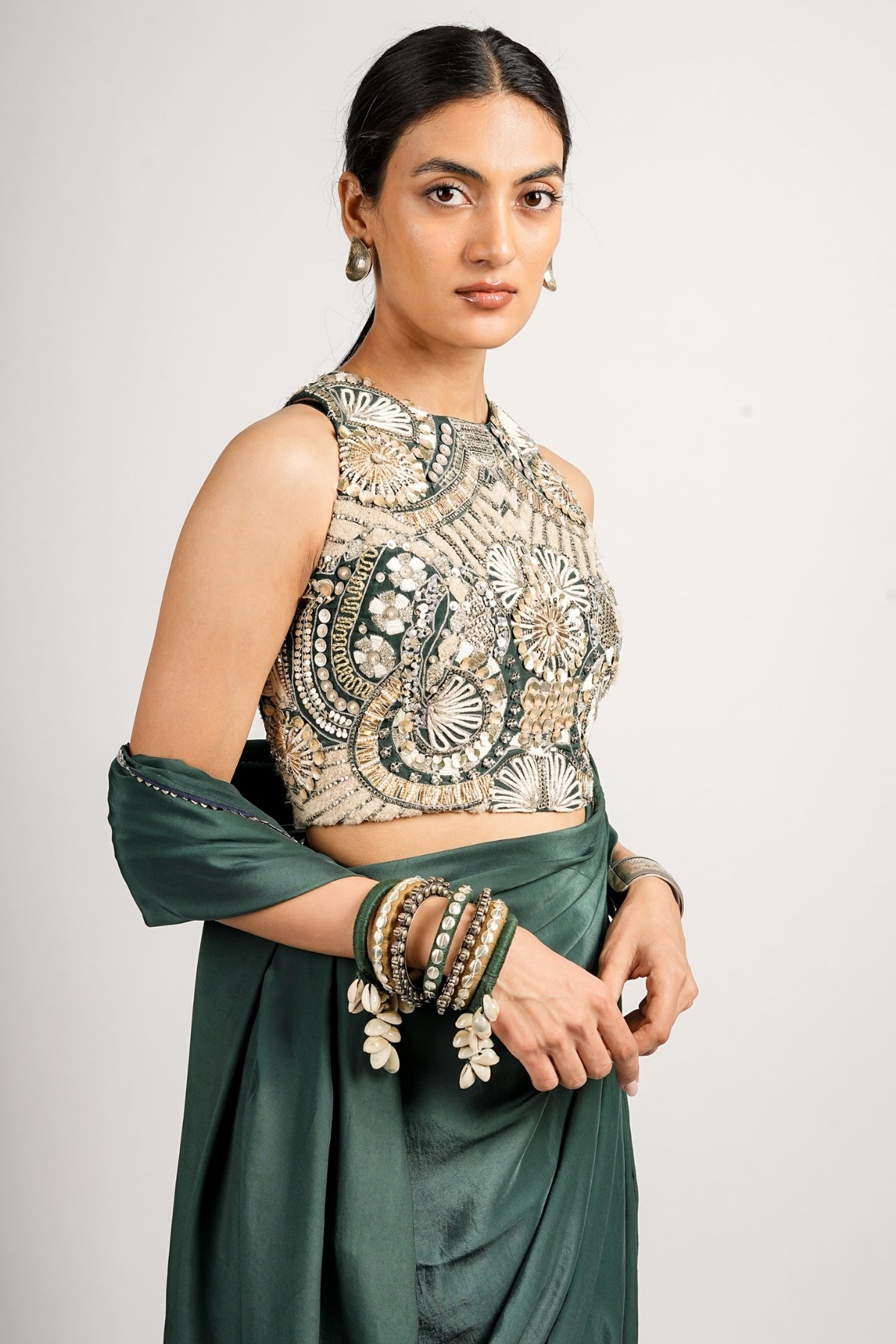Emerald Regal Saree With Embellished Blouse Set