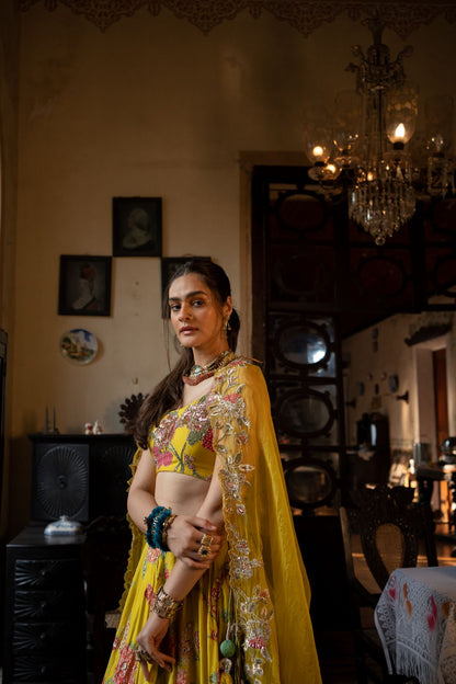 Refreshing Yellow Multi Floral Lehenga Set
