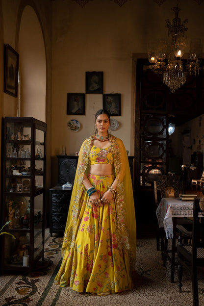 Refreshing Yellow Multi Floral Lehenga Set