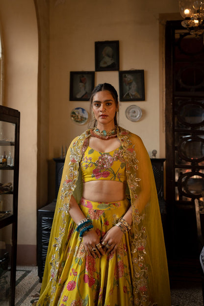Refreshing Yellow Multi Floral Lehenga Set
