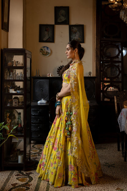 Refreshing Yellow Multi Floral Lehenga Set