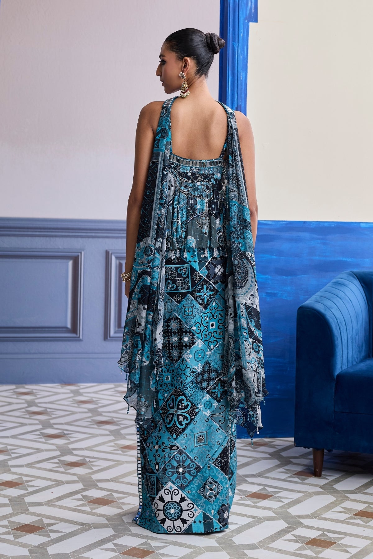TEAL & BLACK MOSAIC PEPLUM WITH SLIT SKIRT & CHOKER DUPATTA SET